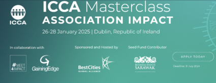 Event banner for the ICCA Masterclass "Association Impact" scheduled for 26-28 January 2025 in Dublin, Ireland. Includes sponsor logos and "Apply Today" button with a deadline of 31 July 2024.